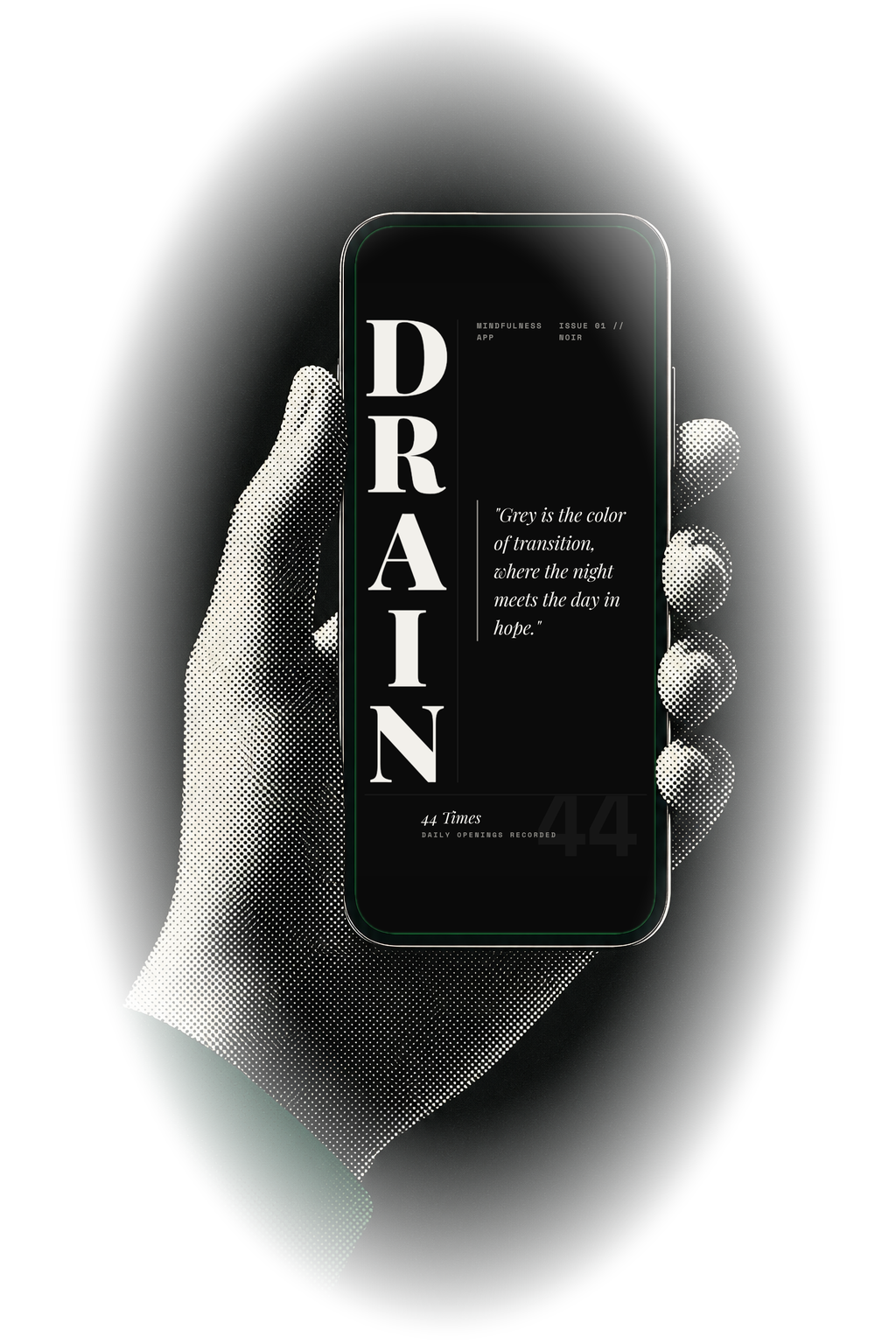 Halftone editorial illustration of a hand holding a phone showing the Drain noir screen.